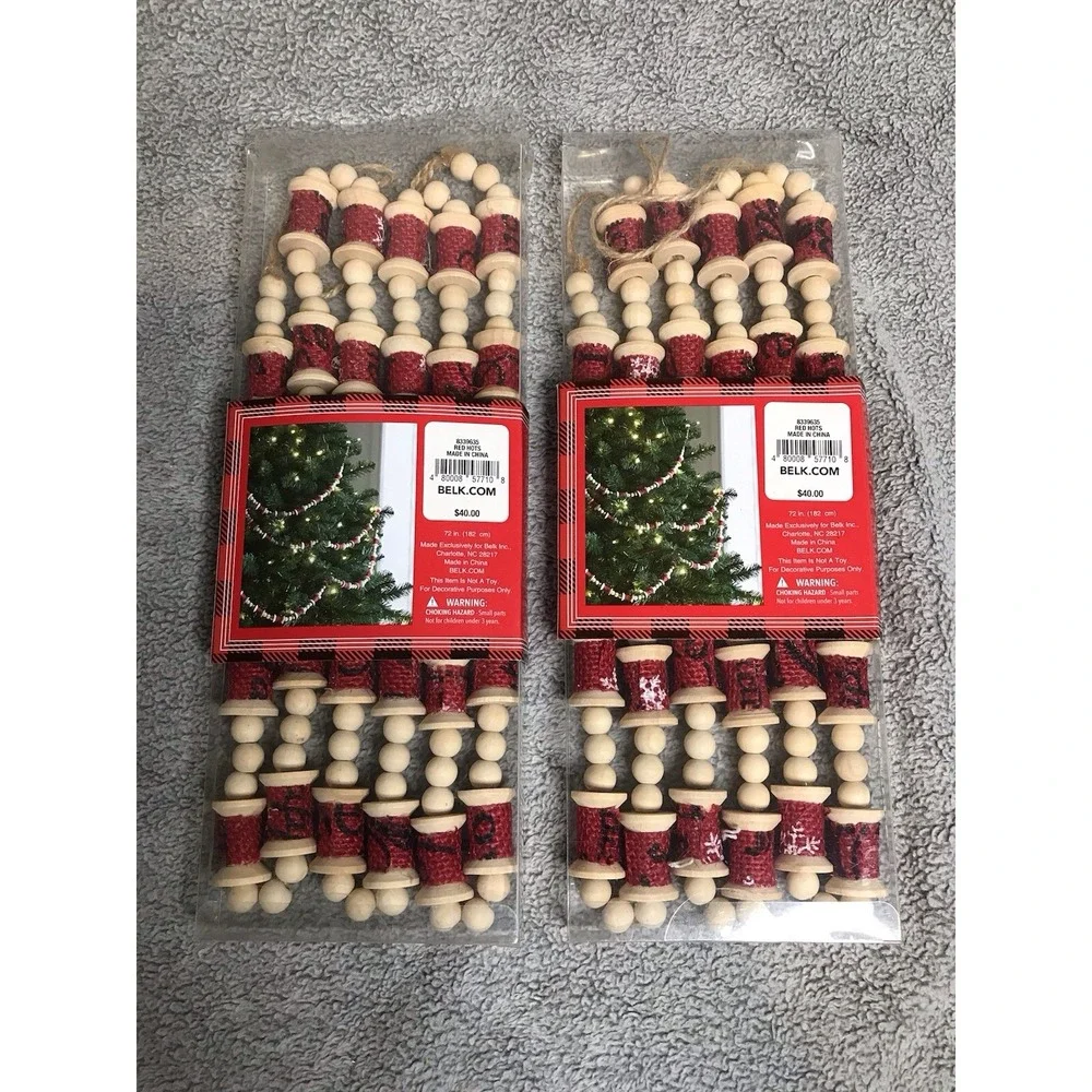 New Set of 2 Christmas Garland Wood‎ Red Spool String Holiday Garland 72